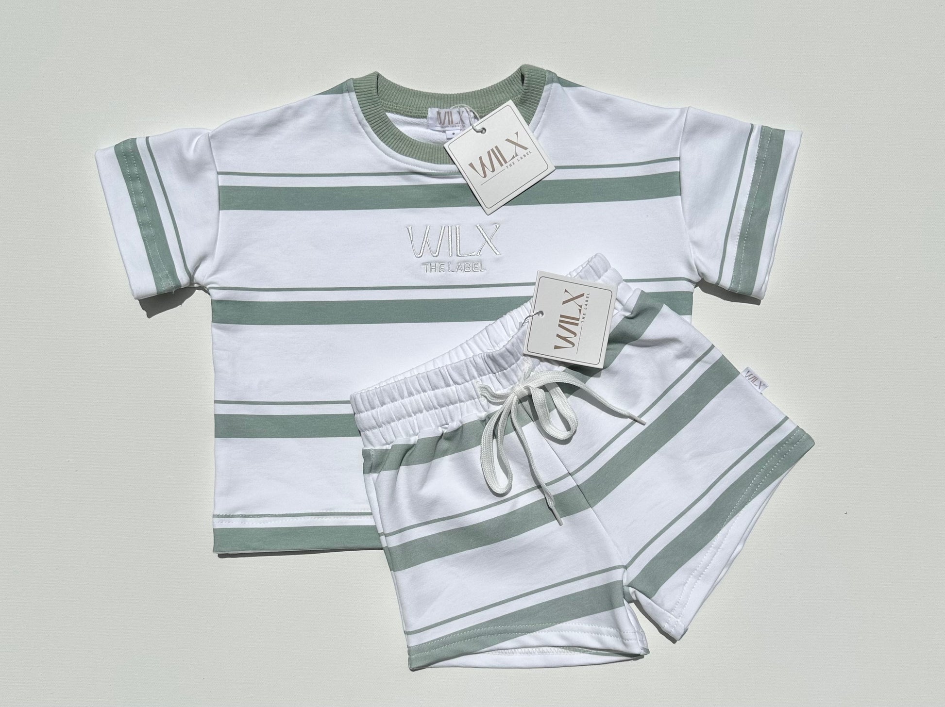 Australian Cotton Rib Layer T-Shirt - Sage/White Stripe